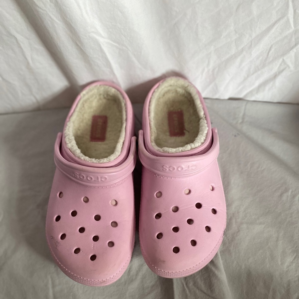 Light Pink Crocs with fuzz